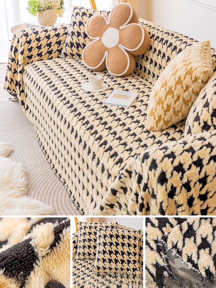 New Winter Lamb Velvet Sofa Cover Cloth Houndstooth Sofa Towel Full Cover Light Luxury Backrest Sofa Cover