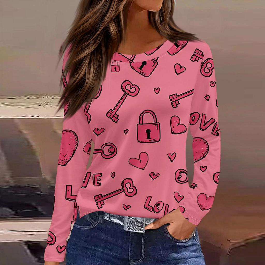 Women's Fashionable Long-Sleeved Round Neck Top with Slit Hem and Valentine's Day Heart Print
