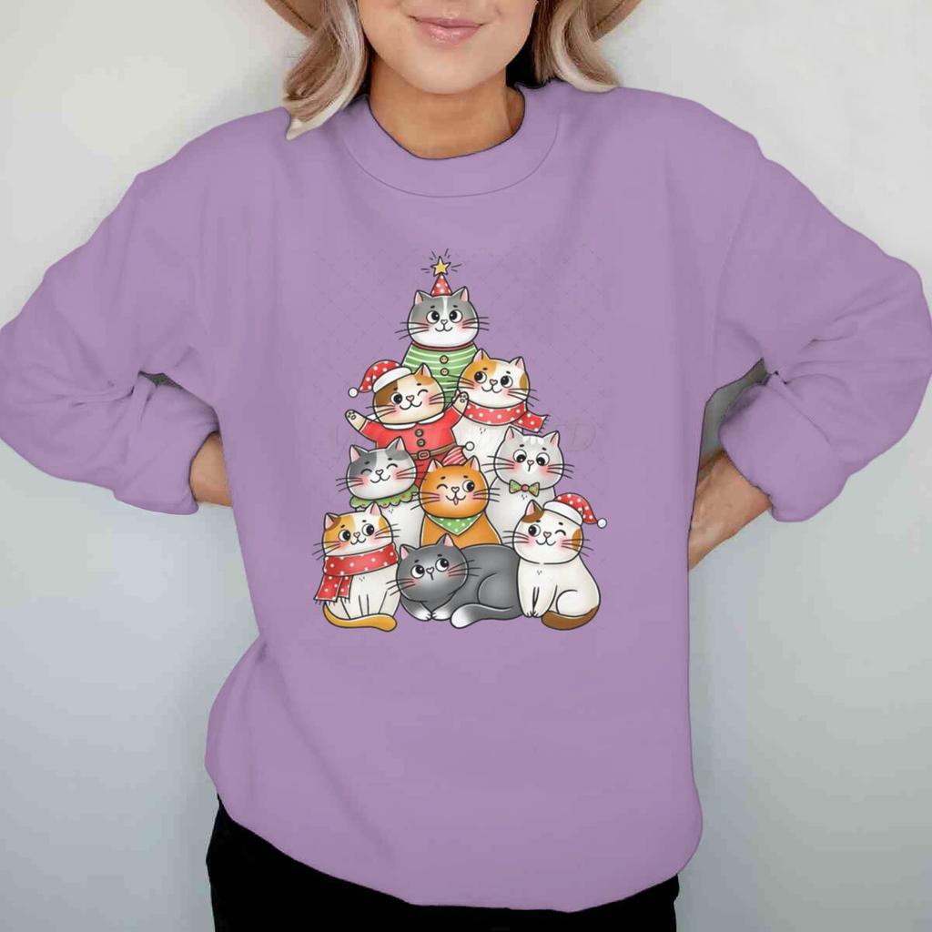 Damen Katze Kawaii Cartoon Sweatshirt Frohe Weihnachten Niedliche Tier-Pullover Lange Ärmel Meowy Christmas Cartoon Kapuzenshirt