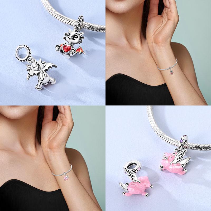 Charms Copper Red Dragon Treasure Heart Rose Panda Cat Pink Pig Beads Pendant Fit Original Bracelet Diy Jewelry