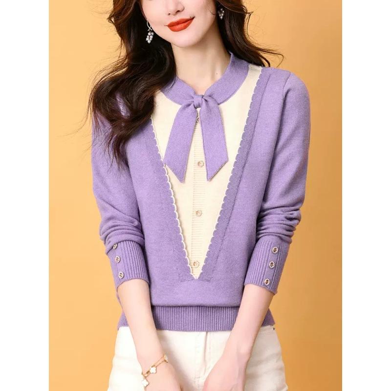 Damenoberteile mit V-Ausschnitt in Fake-Zweiteiler-Optik für den Herbst, neue farblich abgesetzte Pullover mit Bändern, Damenpullover-Unterhemden