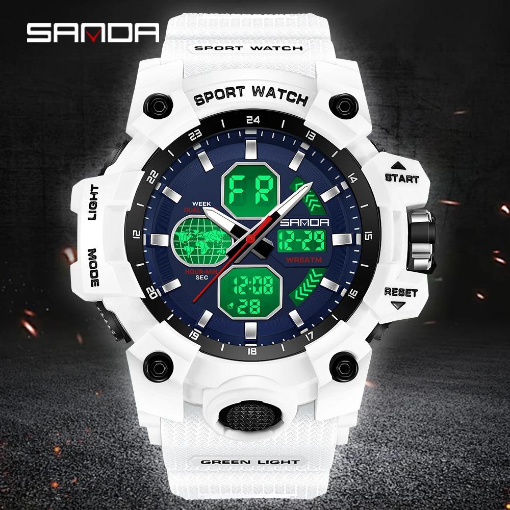 SANDA 9093 Men Electronic Watch Trendy Fashion Sport Waterproof Date Pointer Digital Analog Dual Display Wrist Watch for Student