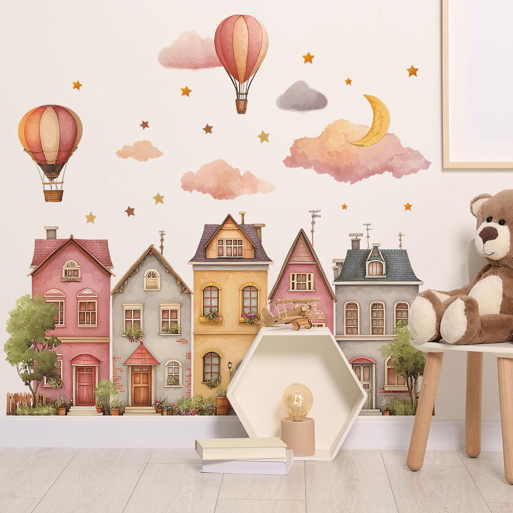 Malowane Miasto Bajkowe Balon na Gorące Powietrze Gwieździste Niebo Dekoracyjne Naklejki Ścienne do Sypialni