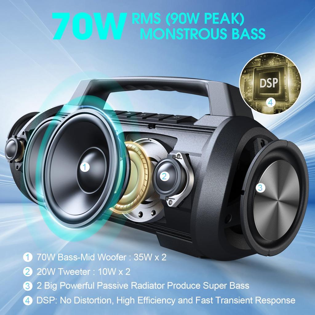 70W Bluetooth Speaker, IPX6 Waterproof and Dustproof, Loud Volume, W-KING Portable Stereo Speaker [Party Lights, Microphone Port, 42 Hours of