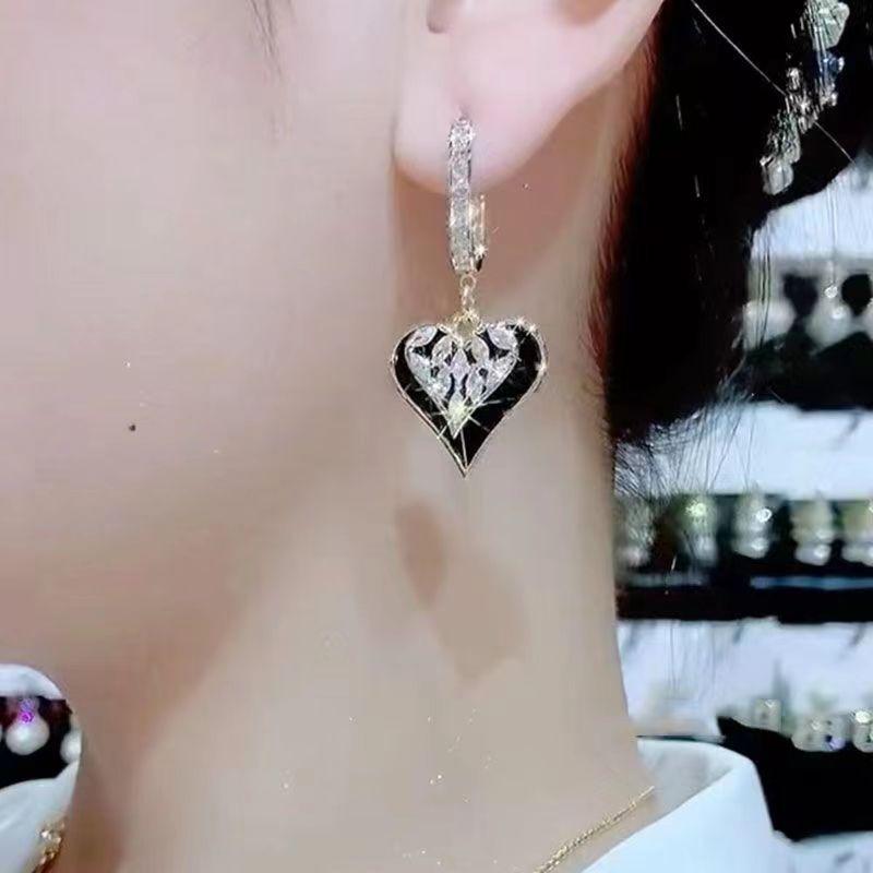Vintage Black Enamel Love Heart Hoop Earrings for Women High Quality Gold Color Inlay Crystal Drop Dangle Jewelry Accessories