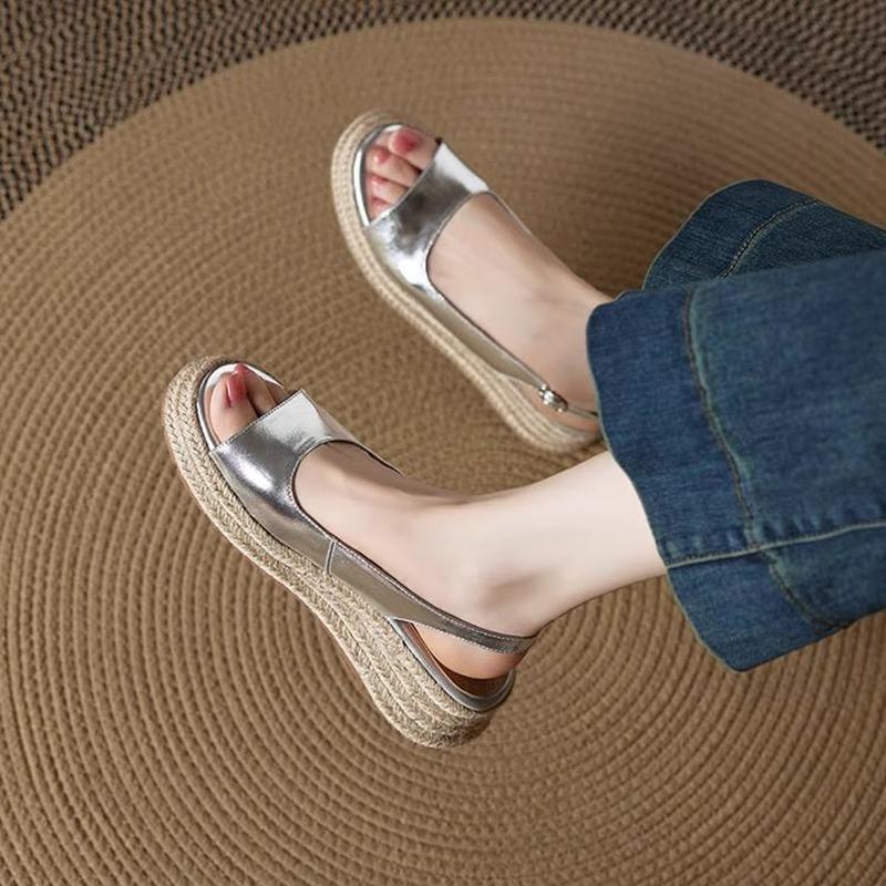 

Great good to wear soft leather round head straw braided open-toed sandals for women s summer retro heightened slope heel with Roman fish mouth sandal 40