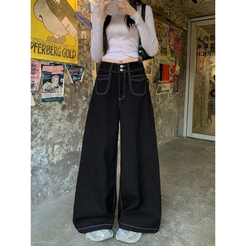 

Kumikumi Retro Two Buttons Denim Loose Pants Women s Clothing Fall High Waist Loose All-Matching Straight Pants Pants Black L