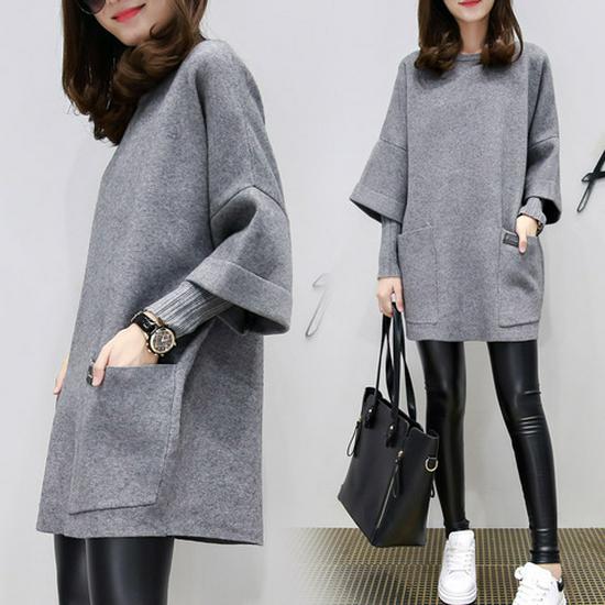 Damen Langer Pullover Sweatshirt Rundhals Langarm Einfarbig Große Größen Pullover Jacke