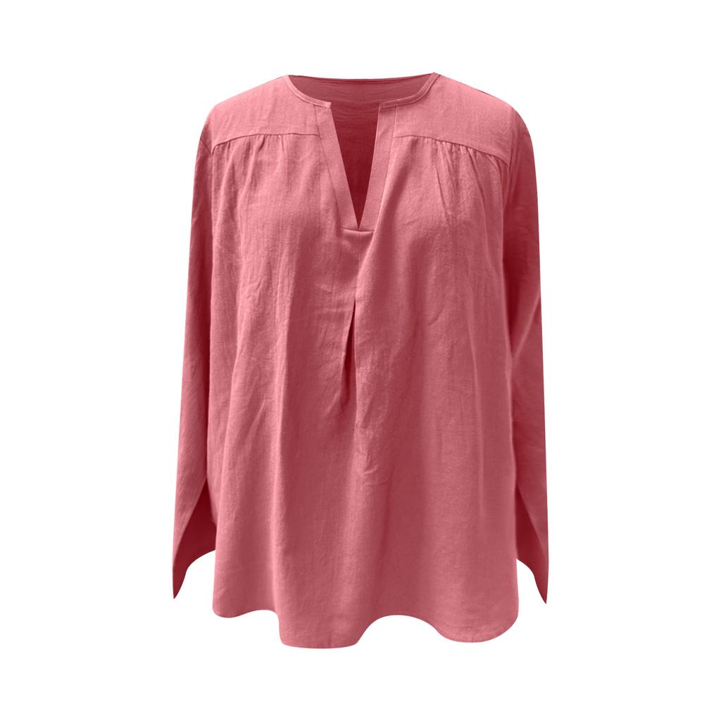 Damenmode Einfarbig Lässig Locker Langarm Leinen V-Ausschnitt Hemd Top