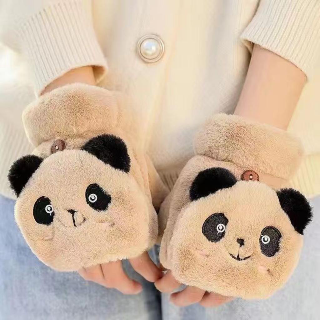 Winter Plush And Thick Warm Gloves For Women Covering Face And Squinting Eyes With Ears Half-Finger Cute Plush Flip Gloves For Students