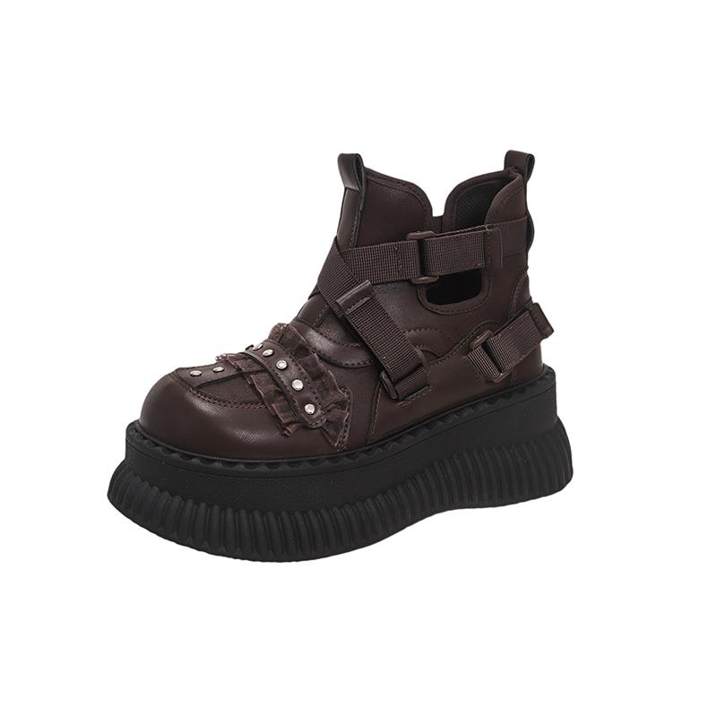 Goth Boots Woman  Trend Platform Heels Stylish Lolita Black Short Barrel Round Toe Girl's Boot Cosplay Booties Elegant Party