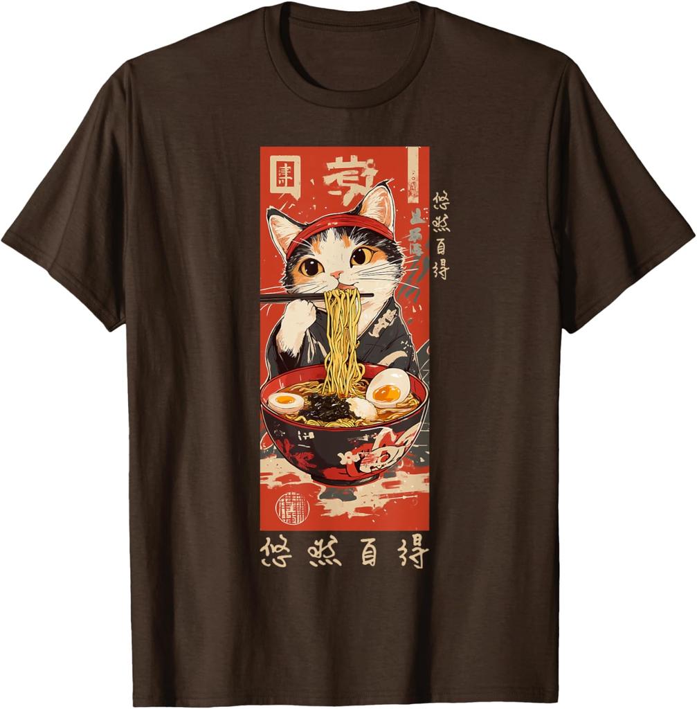 Ramen Cat Eating Noodles Japanese Ukiyoe Style Graphic Tee Casual Cotton TShirt for Men