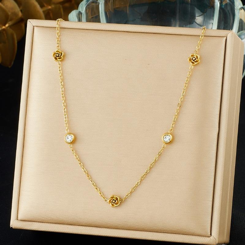 Gold Plated Rose Flower CZ Necklace, Dainty Link Chain with 3D Rose & Clear Zircon Pendants, Minimalist Floral Jewelry for Women Gift