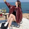 Women's Oversized Faux Leather Jacket Burgundy Lapel Button-Up Casual Streetwear Coat