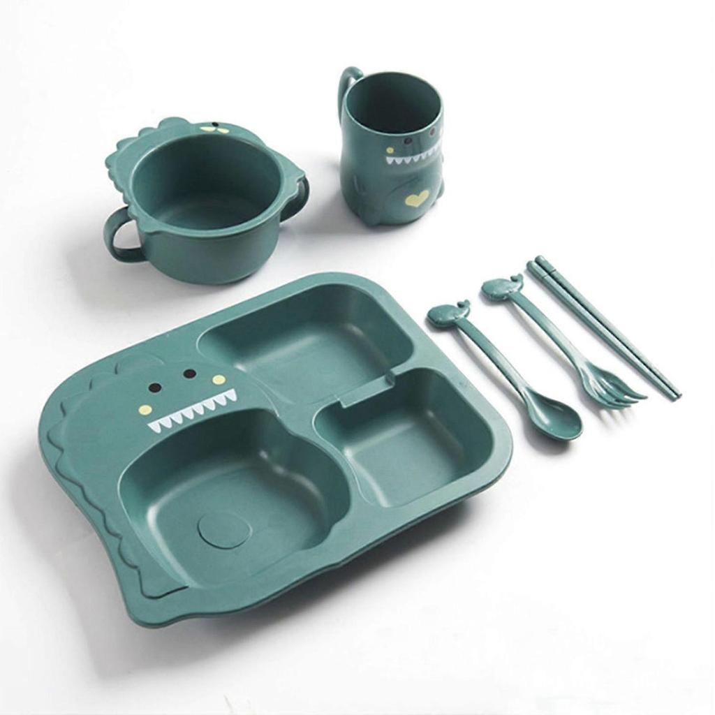 Baby Divided Dinner Plate Cartoon Dinosaur Baby Feeding Bowl Plate Set with Spoon Fork Cup Blue