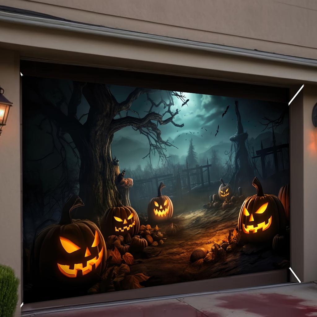 Halloween Pumpkin Horror Garage Door Banner - 94.9 inches x 83.1 inches, durable polyester fiberzyc