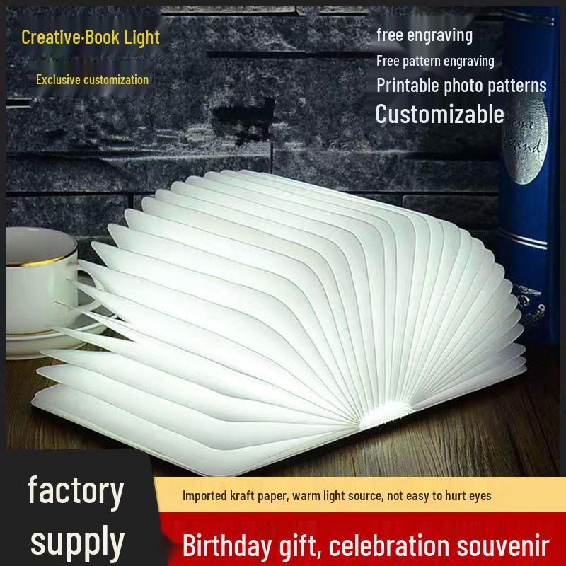 Three-Color LED Eye Protection Book Lamp: Wooden Carved Stackable Night Light
