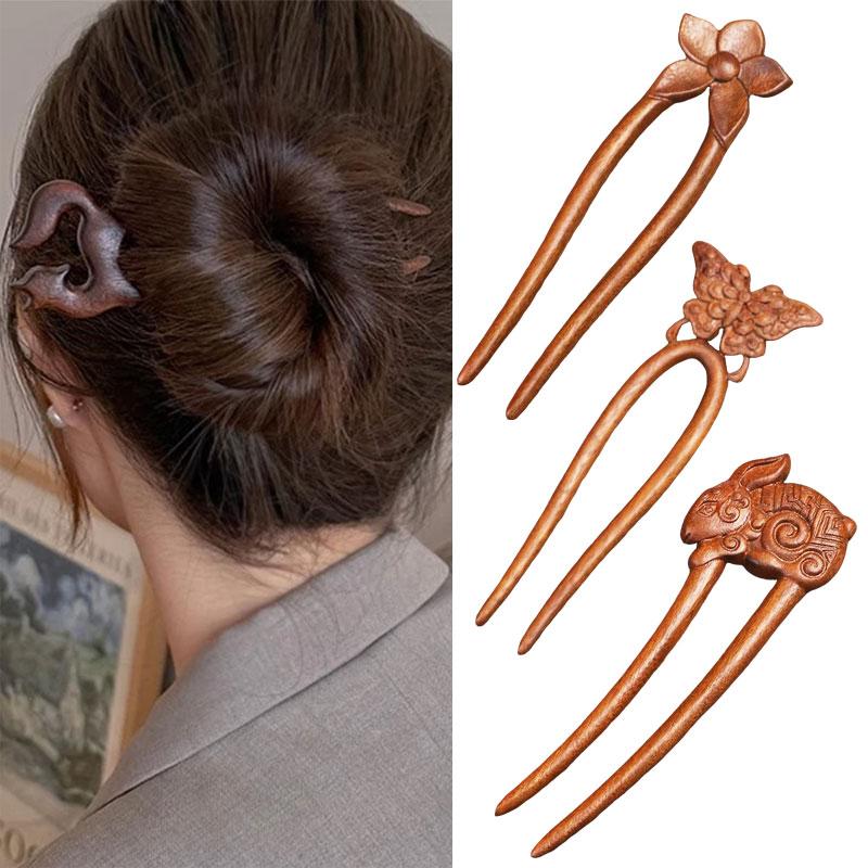 1pc U-Shaped Vintage Style Rabbit Deer Women Wood Hair Accessories Butterfly Flower Hair Stick Hairpin
