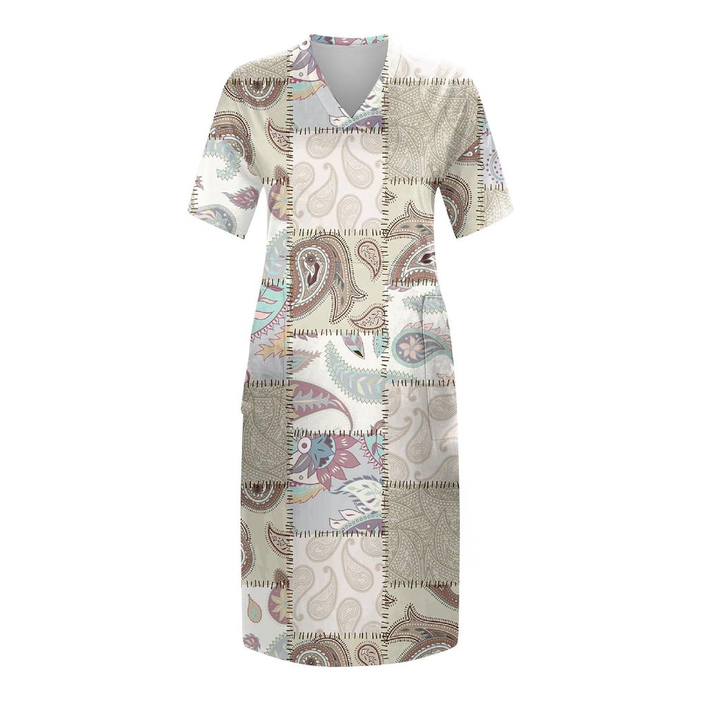 Women's Summer Plus Size V-neck Short Sleeve Print Knee Pocket Casual Dress