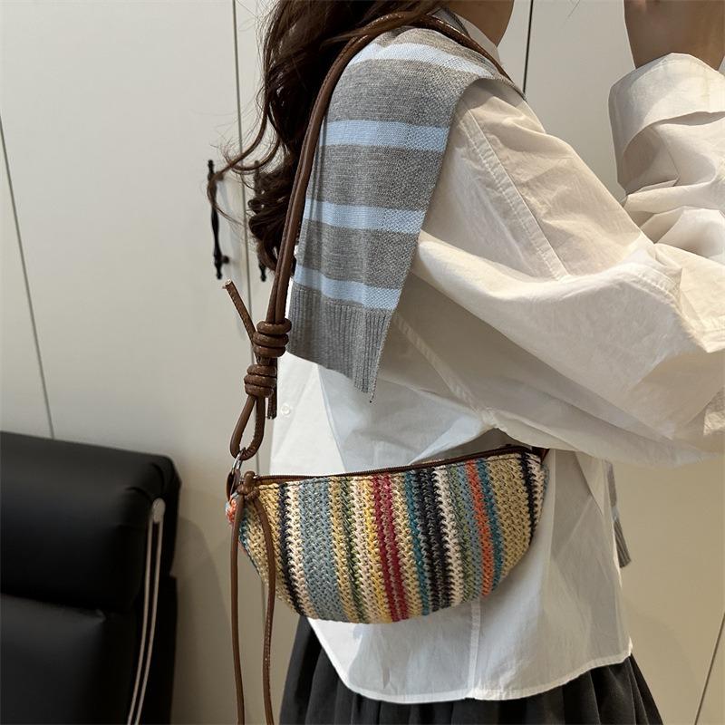 Niche rainbow contrasting color woven bag women's summer new fashion messenger dumpling bag small bag