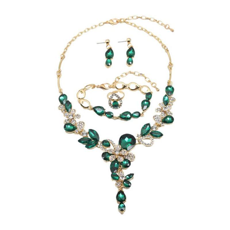 Sparkling Crystal Gem Necklace Clavicle Set Four-Piece Jewelry Exaggerated Bridal Dress Women'S Accessories