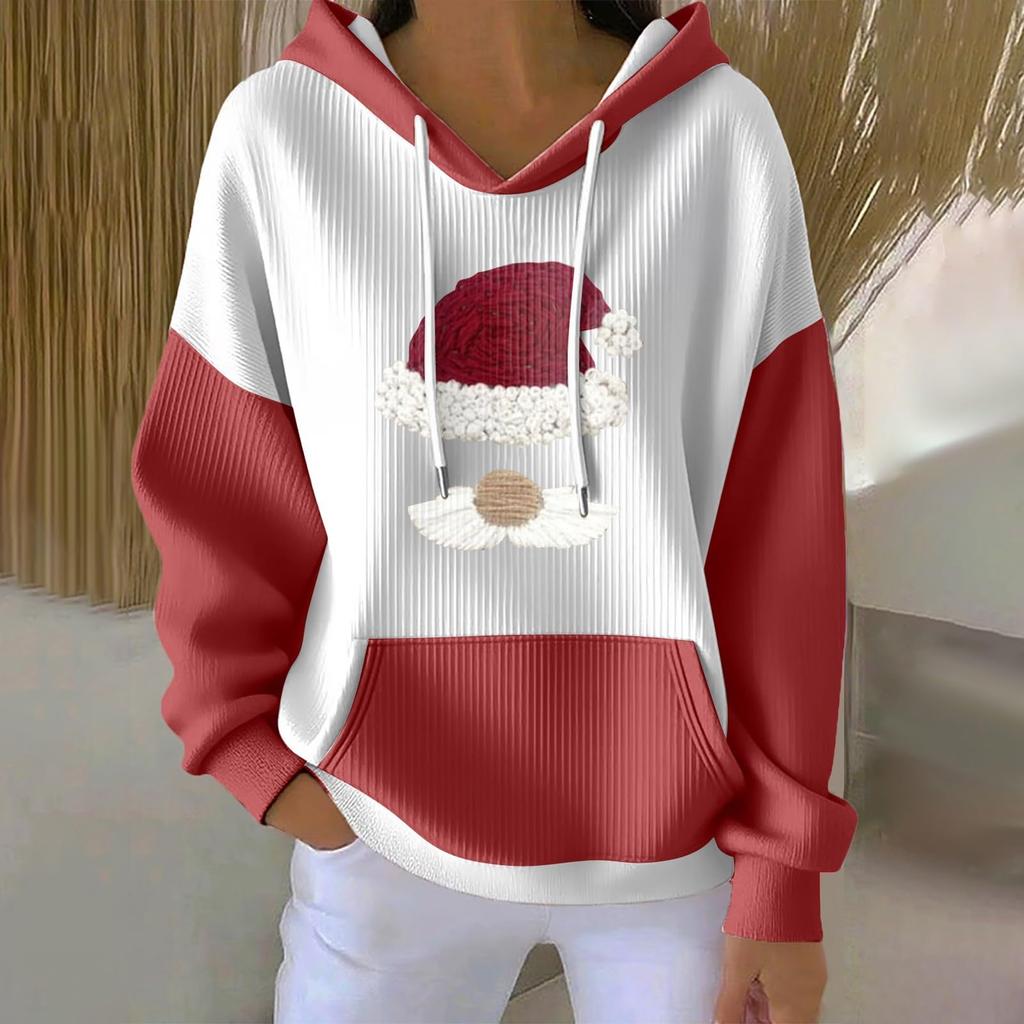 Women's Loose And Comfortable Drawstring V-neck Long Sleeved Christmas Print Hoodie