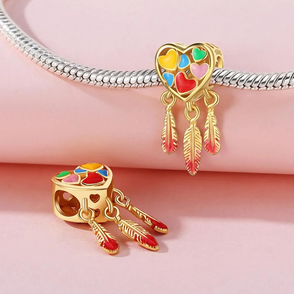 copper Colorful Zircon Heart Charm Bead Charms Dreamcatcher Feather Bead Charms Compatible With Fine Authentic Bracelets Jewellery Making Gifts for Wo