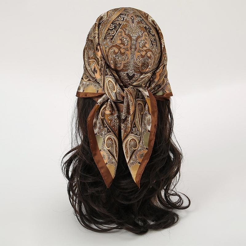 Bohemstil Trykk Luksusmerke Silke Firkantet Skjerf Kvinner Satin Sjal Halsklede Wrap Skjerf Bandana Hår Hjiab Blomstermønstret