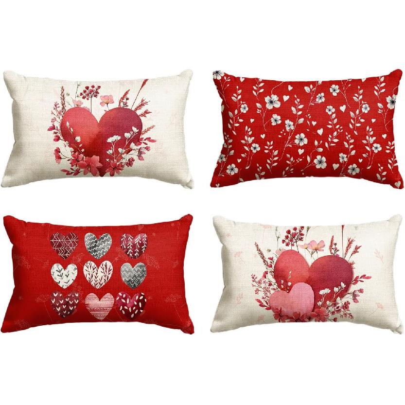 AVOIN colorlife Valentine's Day Love Heart Red Throw Pillow Covers, 18 x 18 Inch Flowers Leaves Anniversary Wedding Cushion Case Decoration for Sofa