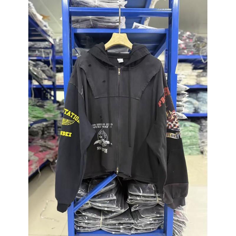 Unisex Distressed Patchwork Hooded Sweatshirt With Embroidered Zipper Front Casual Streetwear