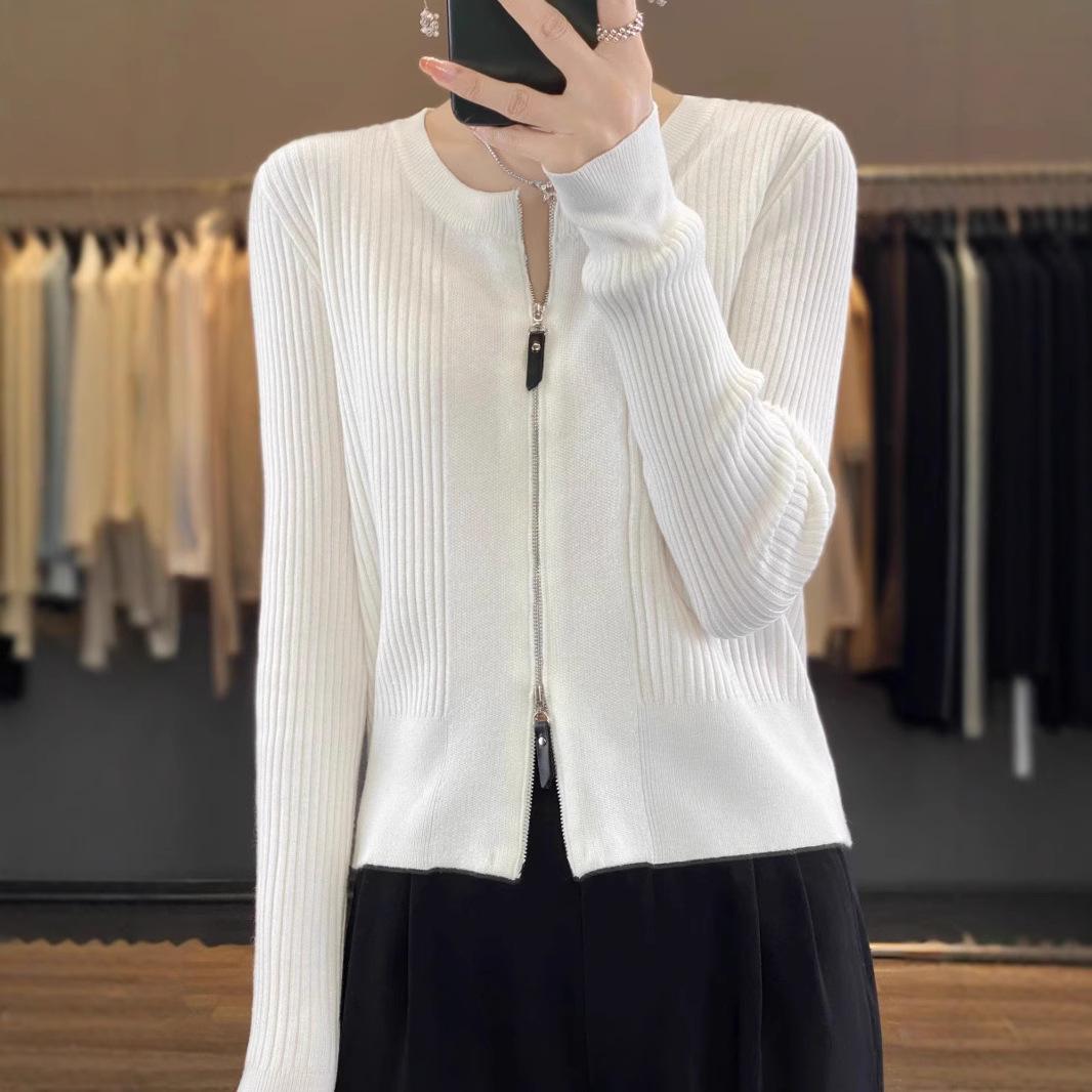 

Early Spring Retro Women s Slim Merino Wool Double Zipper Cardigan Large сірий колір