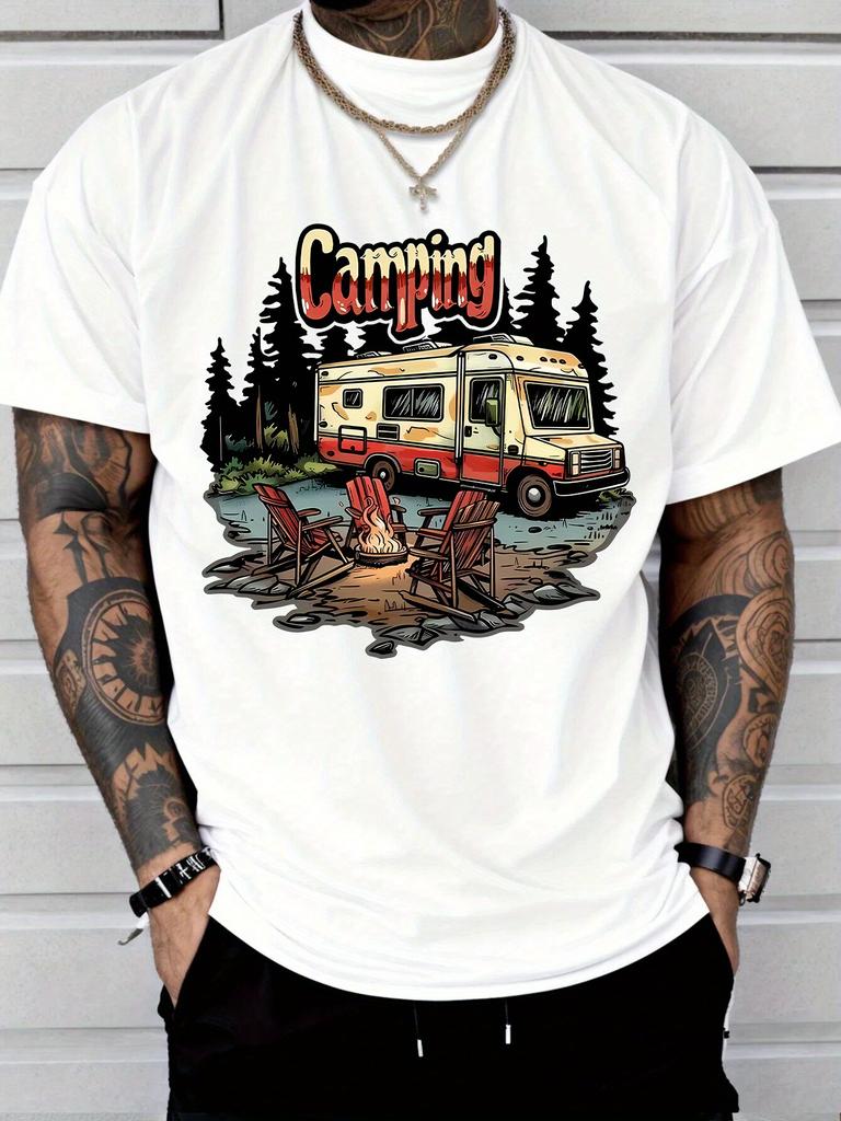 Unisex O Neck Tee Rv Camping Forest Campfire Graphic Print Cotton Short Sleeve Loose Summer Breathable Daily Casual Basic Wear Top
