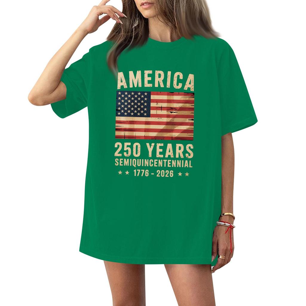 Women's Casual Fashion Round Neck Casual American Flag Print Short Sleeve T-Shirt Top