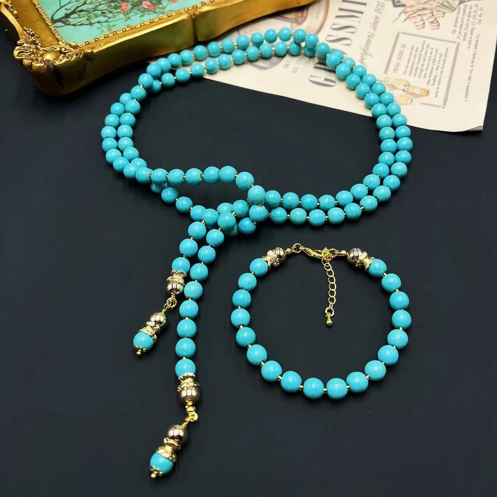 Qingdao Vintage Summer New Stone Blue Ocean Sweater Chain Rice Bead Long Turquoise Necklace Pendant