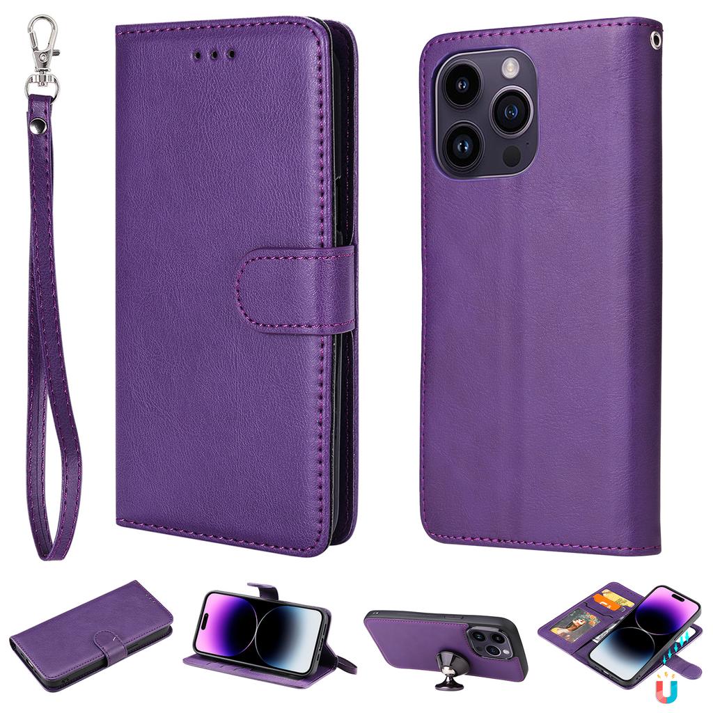 For iPhone 15 Pro Max Case 2 in 1 Detachable Magnetic Leather Wallet Mobile Cover with Strap