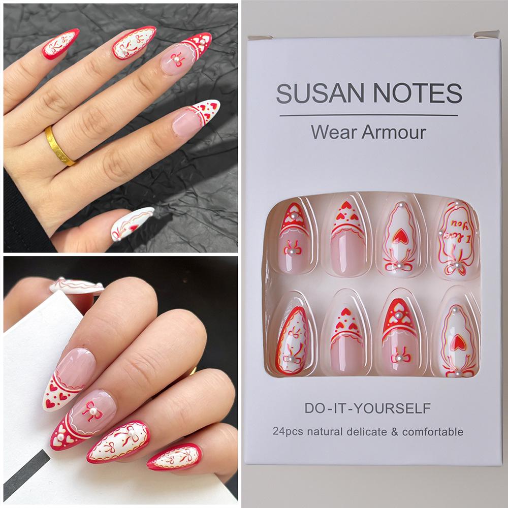 24-Piece Christmas French Bow Dot Pearl Press-On Nails – Handmade Heart & Teardrop Shapes