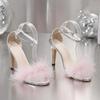Fashion Luxury Brand Designer Faux Fur Strap Ankle Strap Sandals Women Super High Heels Sandals Fashion Long Plush Party Dress Shoes
