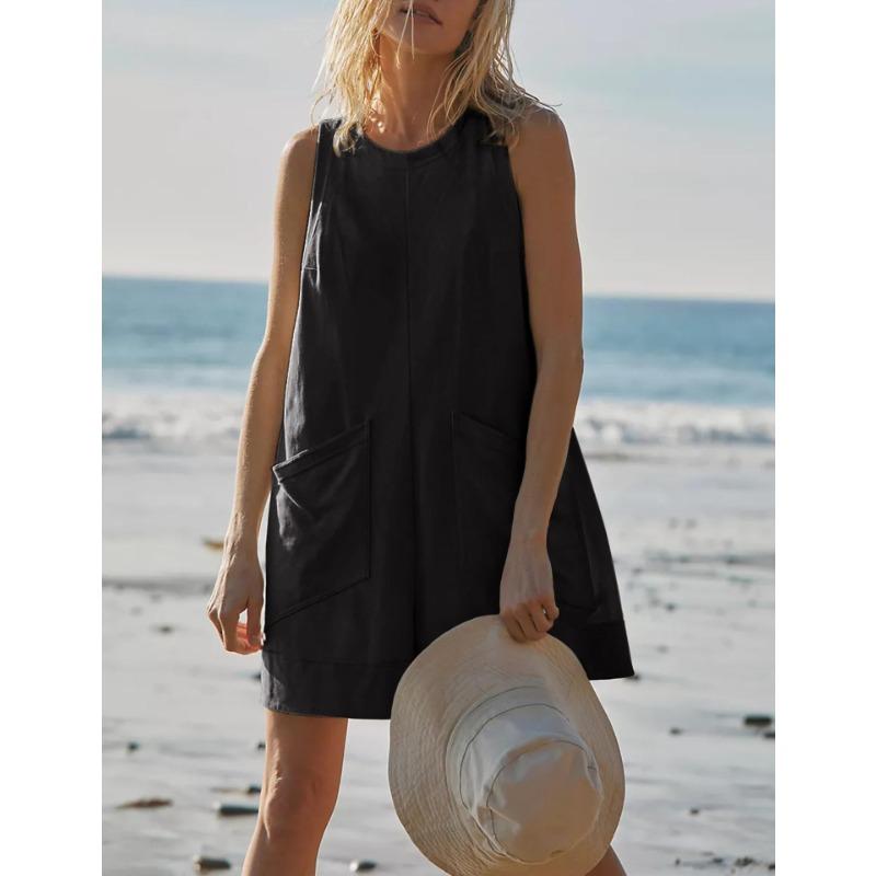Casual Jumpsuit Summer Loose Sleeveless Pocket Body Shorts Women