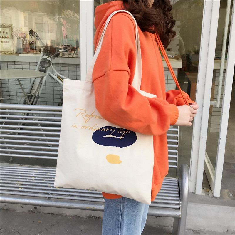 1 Canvas Bag, Hand-held Shoulder Bag, Color Block, Letter Graffiti Shopping Bag, Schoolgirl Tao