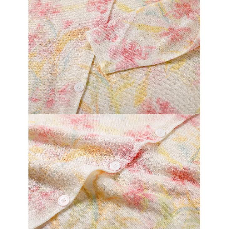 Summer Women's Floral Print Long Sleeve Knit V-Neck Cardigan Lightweight Casual Sweater Jacket Anti-Darkness Design
