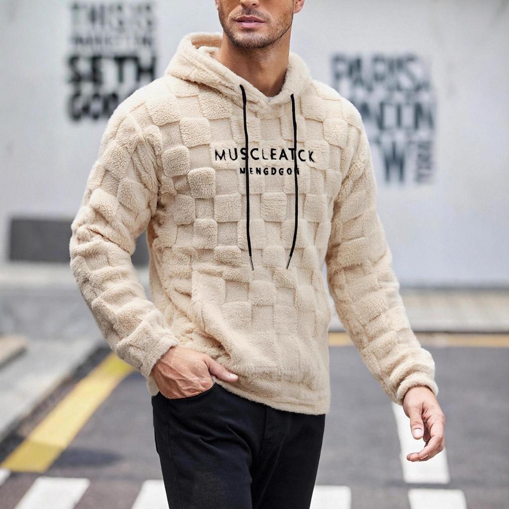 2025 Autumn/Winter Men's Embroidered Fur Hoodie with Drawstring
