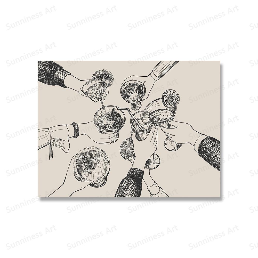 Black Beige Cheers Bar Cart Posters Prints Vintage Wine Line Wall Retro Canvas Decor Painting Friends Pictures Living Room Home