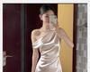 Acetate satin dress for women, new summer off-shoulder sophisticated off-shoulder sway neckline, waist-cinching hip-wrapping long dress
