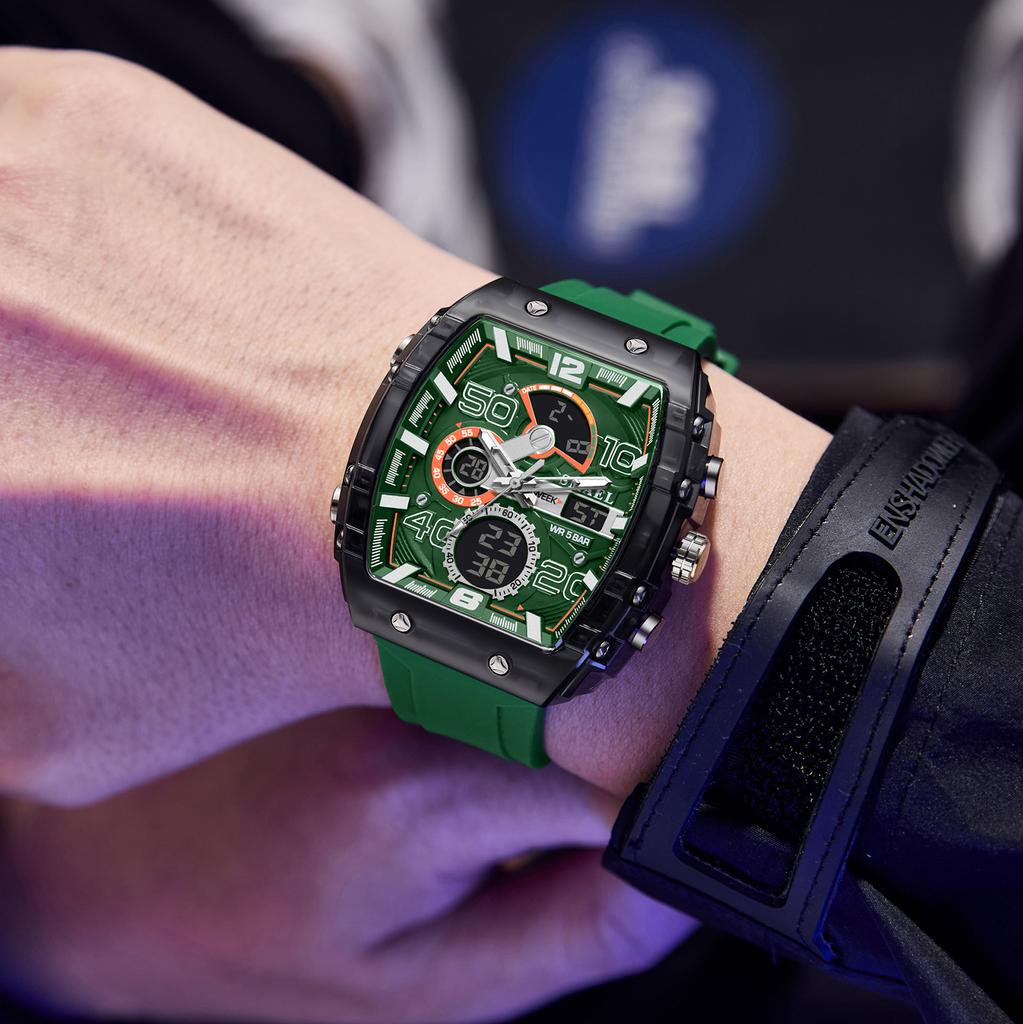 8109 New Men's Square Dual Display Sport Watch - 50M Waterproof Luminous Alarm Chrono Dual Time Multi-Color Silicone Strap