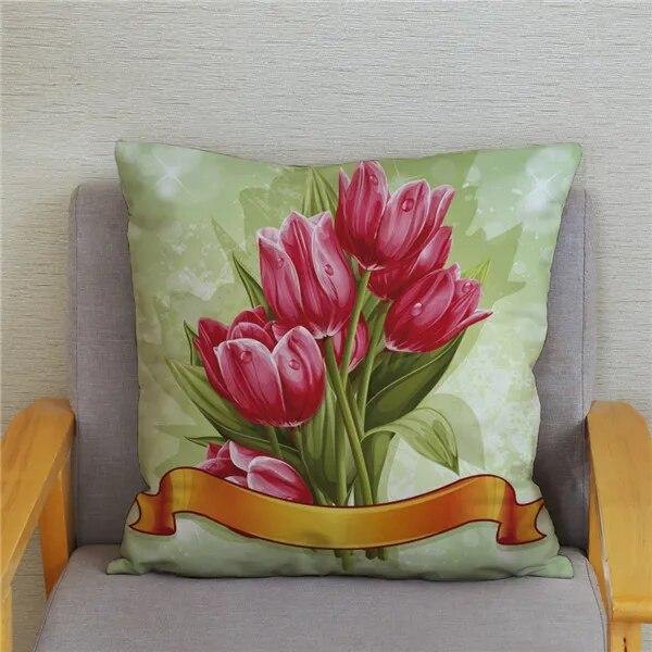Tulip Flower Printed Pattern Cushion Cover for Home Living Room Sofa Decoration Waist Cushion Pillow Cover