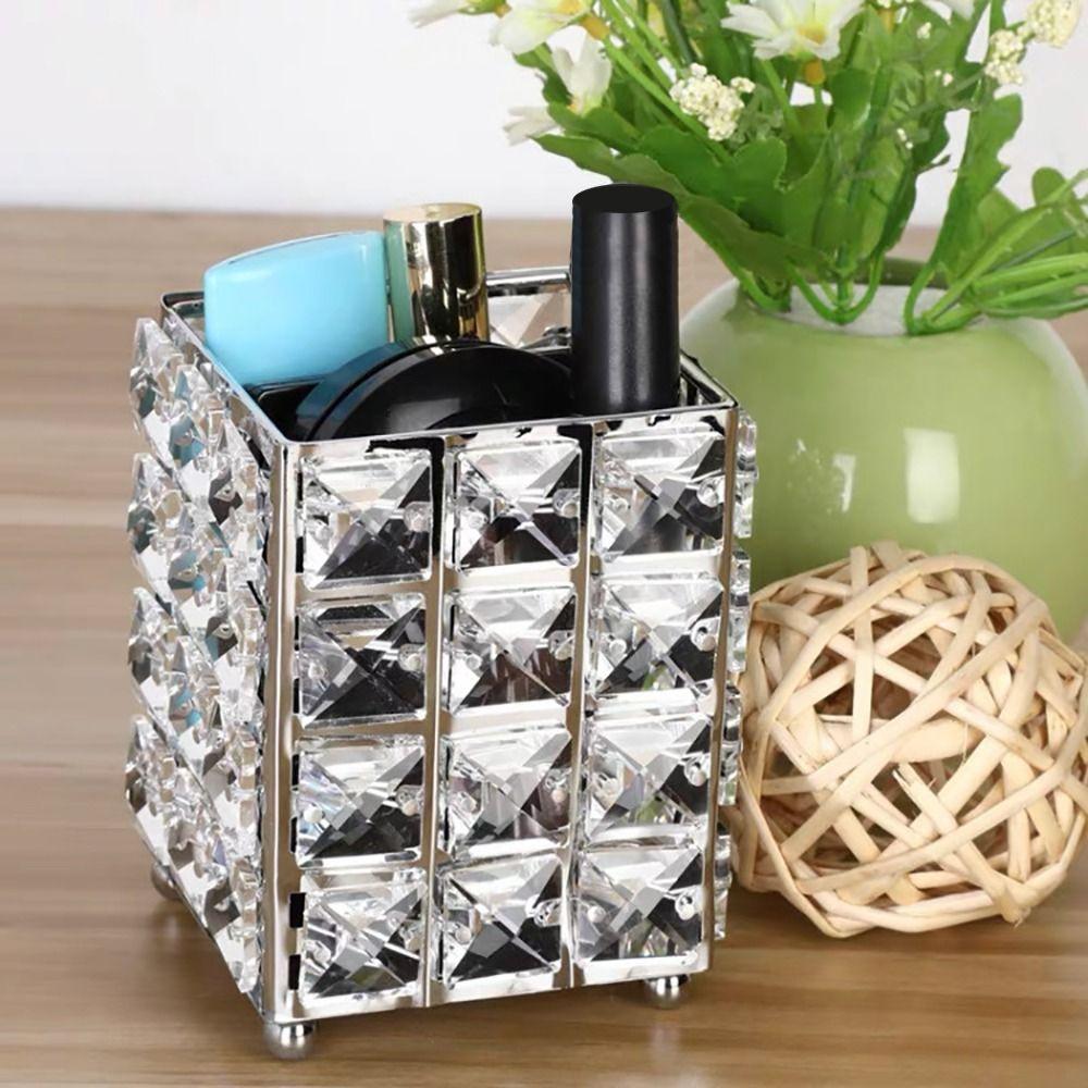 Fashion Metal+Crystal Makeup Brush Holder Nordic Style Desktop Organization Eyebrow Pencil Organizer Desktop Storage Bucket
