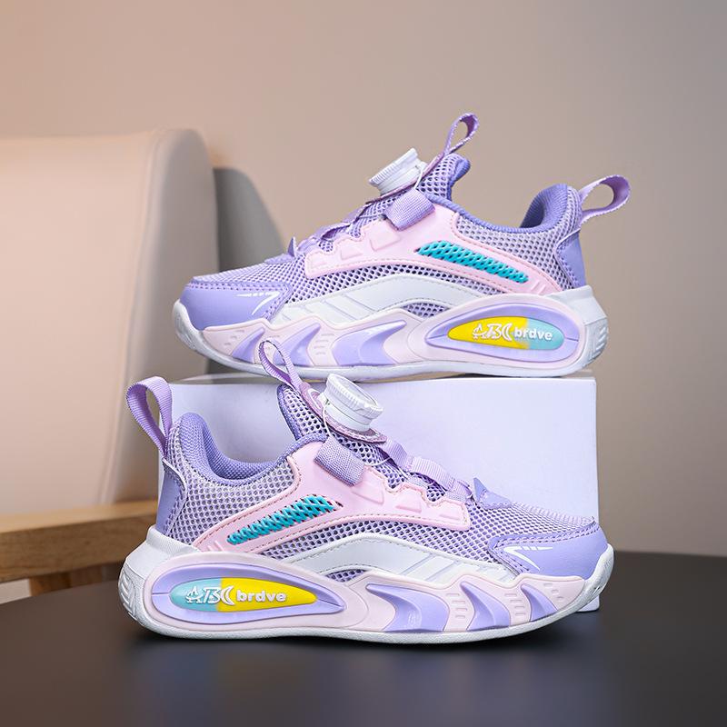 Single net children's shoes boys rotating buckle running shoes 2025 spring and summer mesh breathable non-slip soft sole girls sports shoes