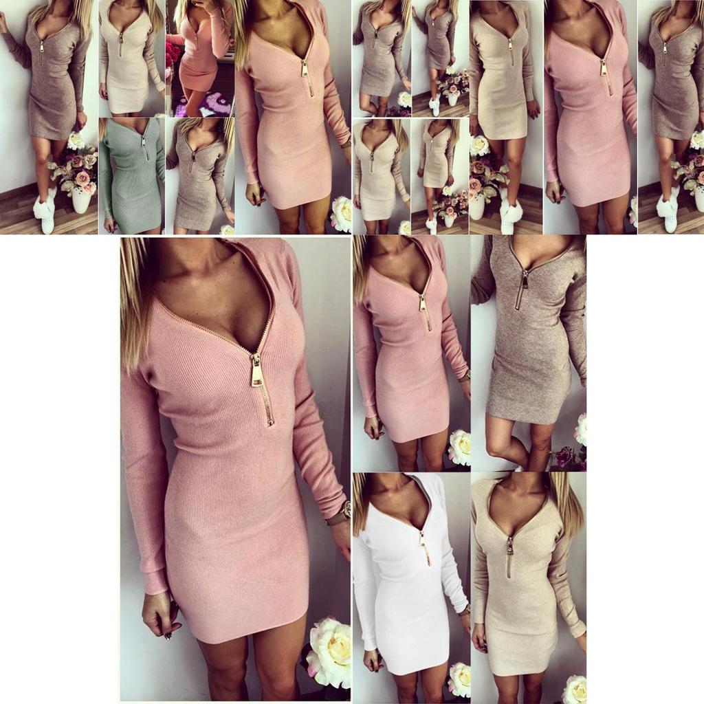 Elegant Women Zip Up V Neck Long Sleeve Knitted Bodycon Party Evening Mini Dress Tops For All Occasions
