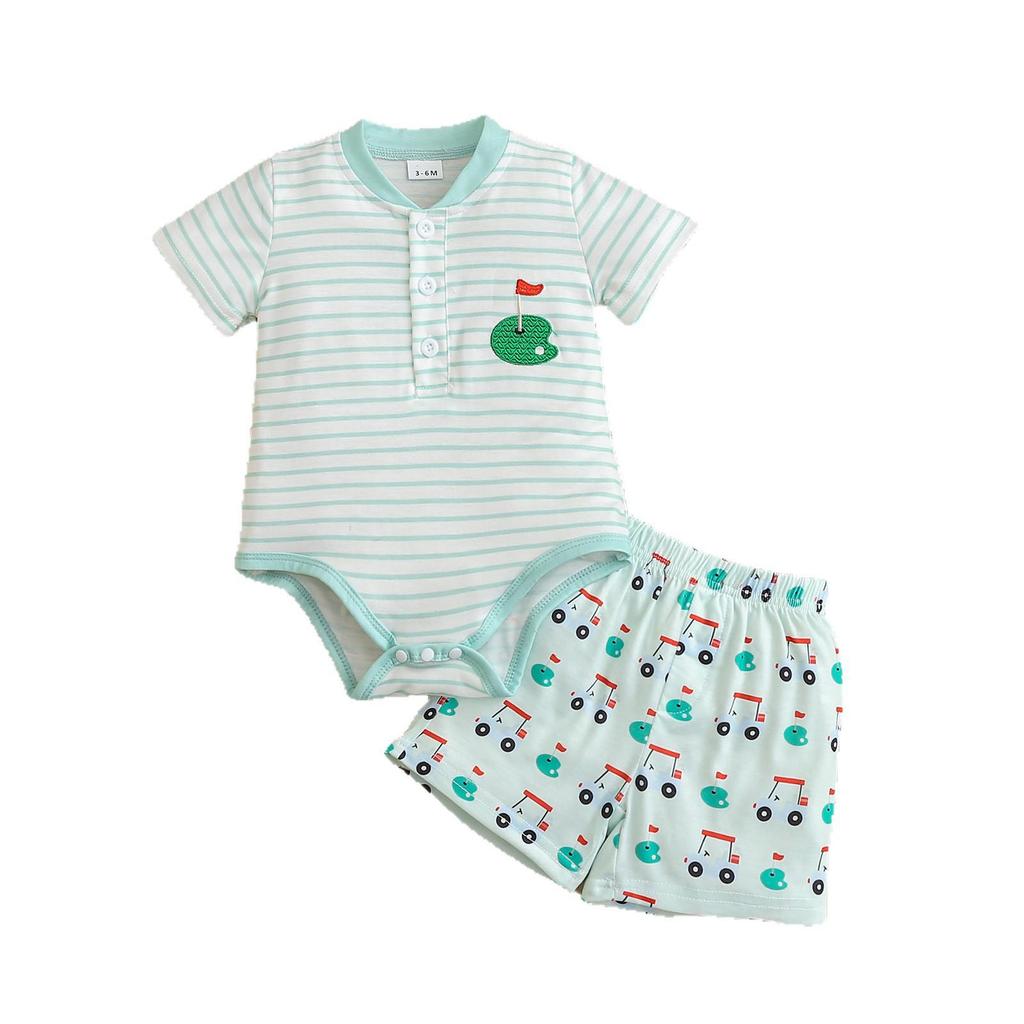 2026 Summer Baby Golf Outfit: Striped Short-Sleeve Bodysuit, Shorts & Hat Set