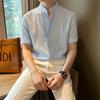 Men Striped Band Collar Short Sleeve Button Down Shirt Casual Breathable Summer Shirt for Men